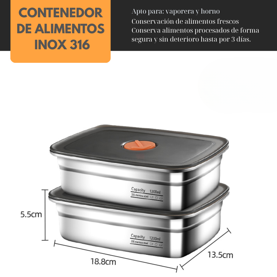 Contenedor de alimentos duradero de acero inoxidable 316 (19 x 13,5 x 5,5 cm)