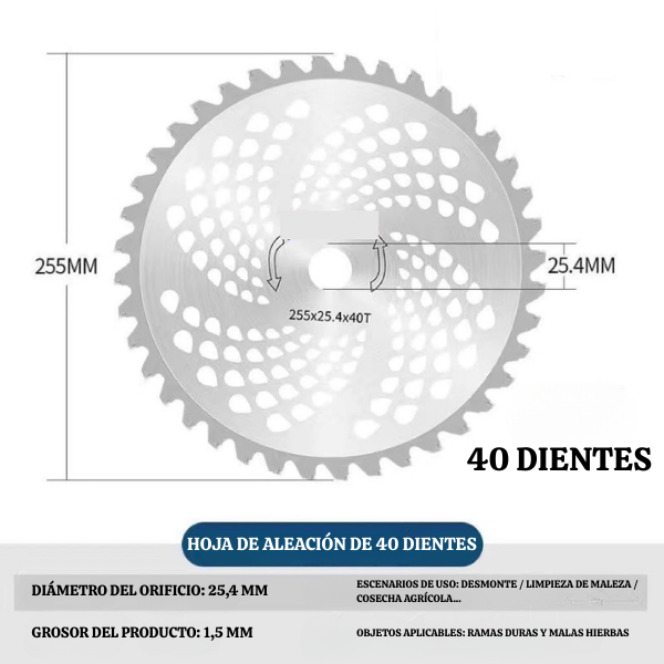 Hoja De Corte De Césped Con Dientes De Aleación, Eje De 25,4 Mm, Tipo De 40 Dientes (Incluye Accesorios).