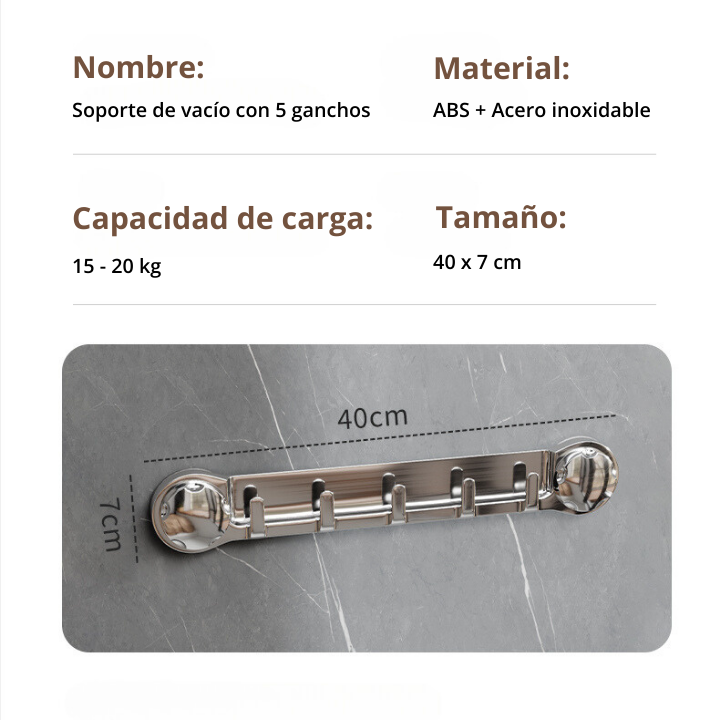 🔹Soportes de acero inoxidable con 5 ganchos, cómodos y capaces de soportar hasta 20 kg