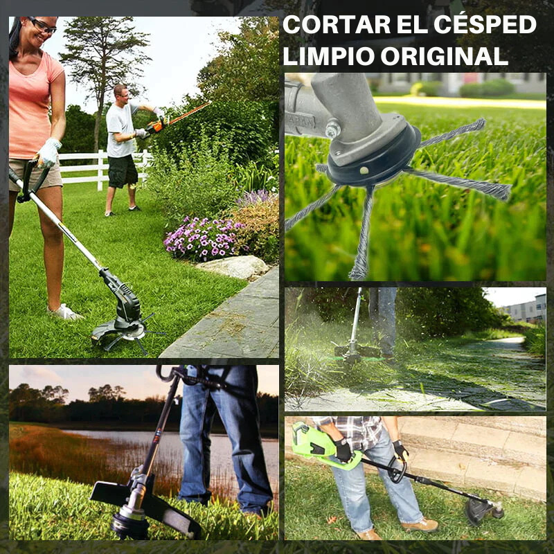 El cabezal del cortacésped tiene 6 ramas tejidas con alambre de acero resistente ✓