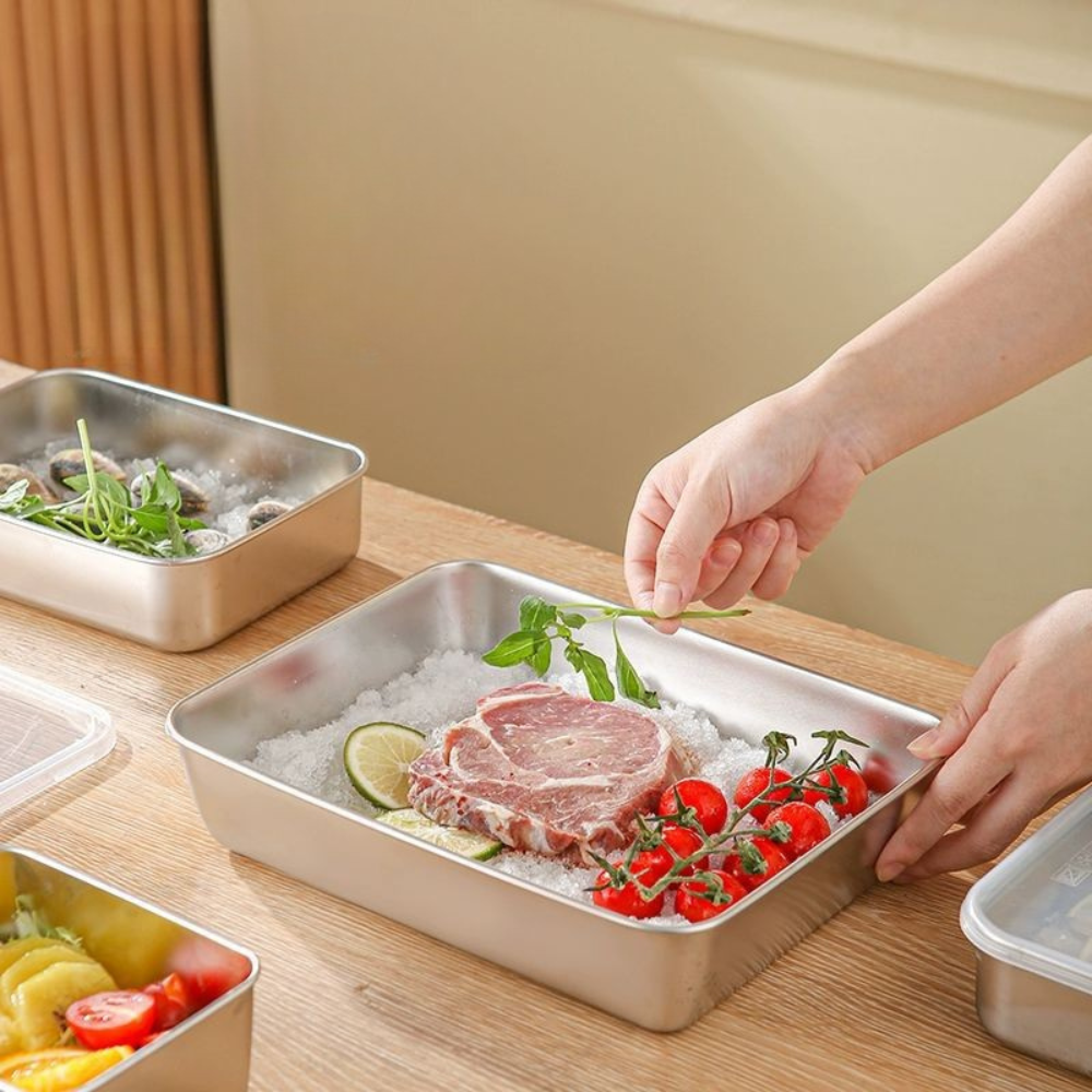 Juego de 3 cajas de acero inoxidable para alimentos (25 x 20 x 6 cm)
