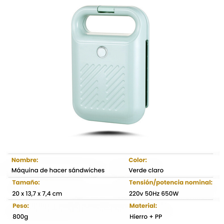 Máquina de hacer sándwiches compacta y antiadherente con una potencia de 650W