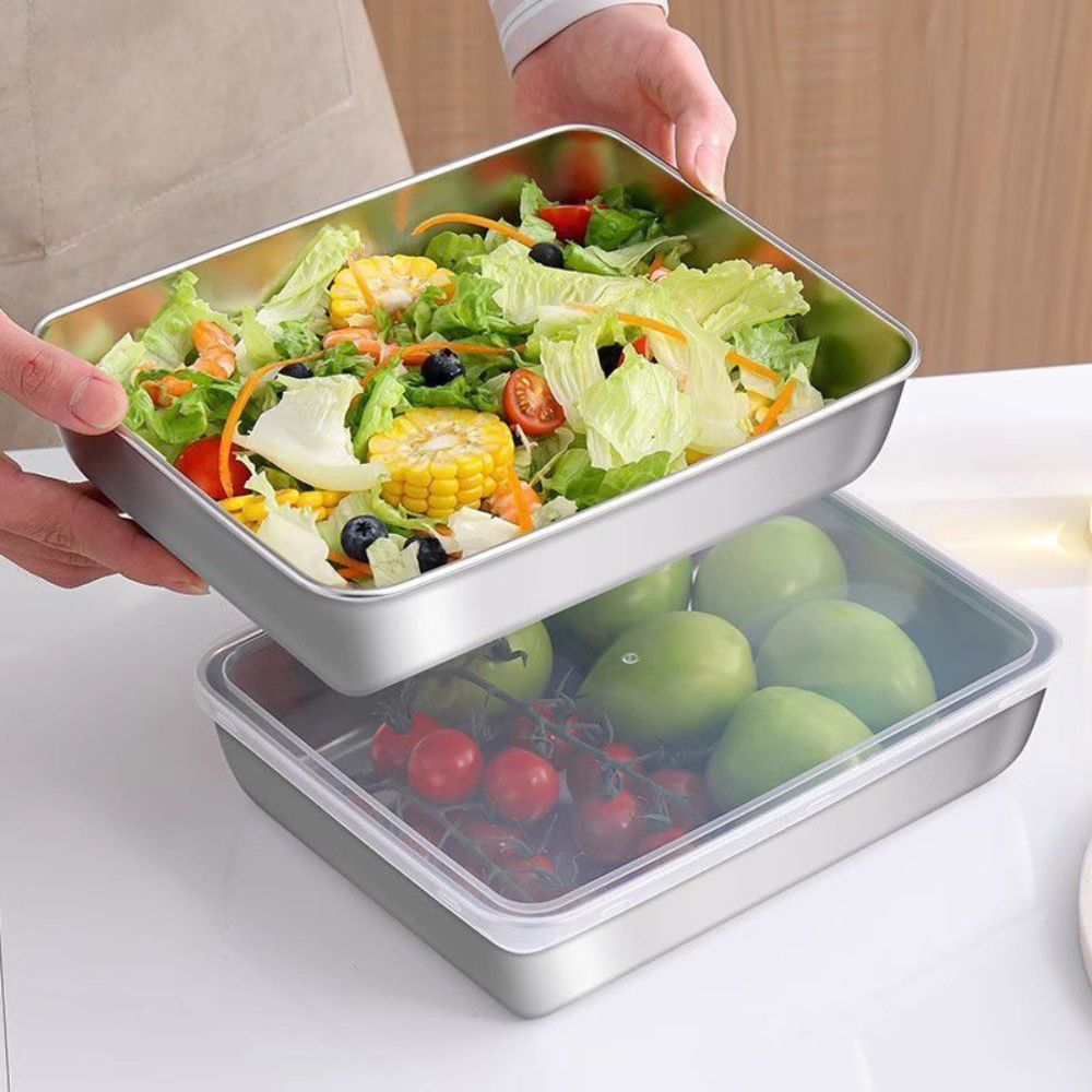 Juego de 3 cajas de acero inoxidable para alimentos (25 x 20 x 6 cm)