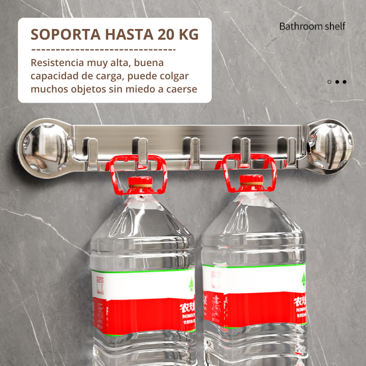 🔹Soportes de acero inoxidable con 5 ganchos, cómodos y capaces de soportar hasta 20 kg