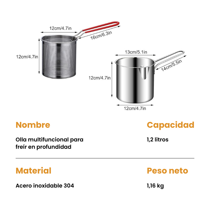 🇪🇸 Olla freidora de 1,2L en acero inoxidable 304 alemán, compatible con cocinas de vitrocerámica e inducción (IH)