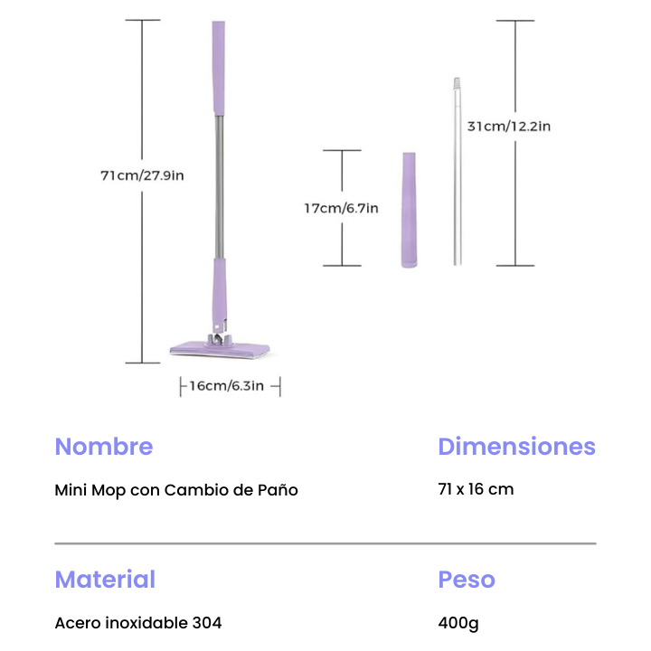 Mini Mop con Cambio de Paño, Diseño de Mango de Empujar-Tirar con Toalla Desechable