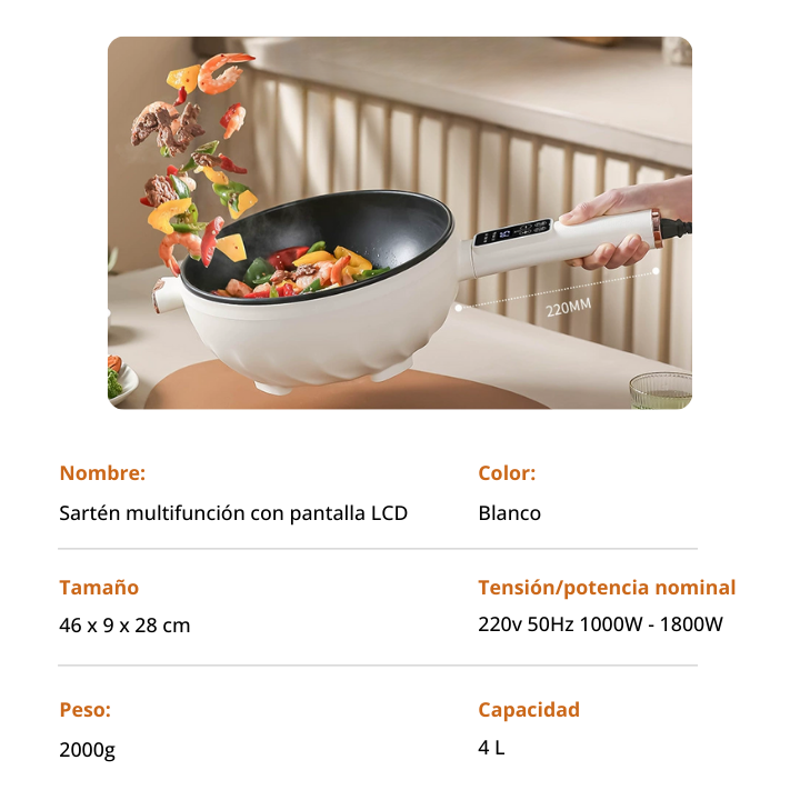 (lcd yen) Sartén eléctrica con pantalla LCD, múltiples modos de cocción y sensor de temperatura automática