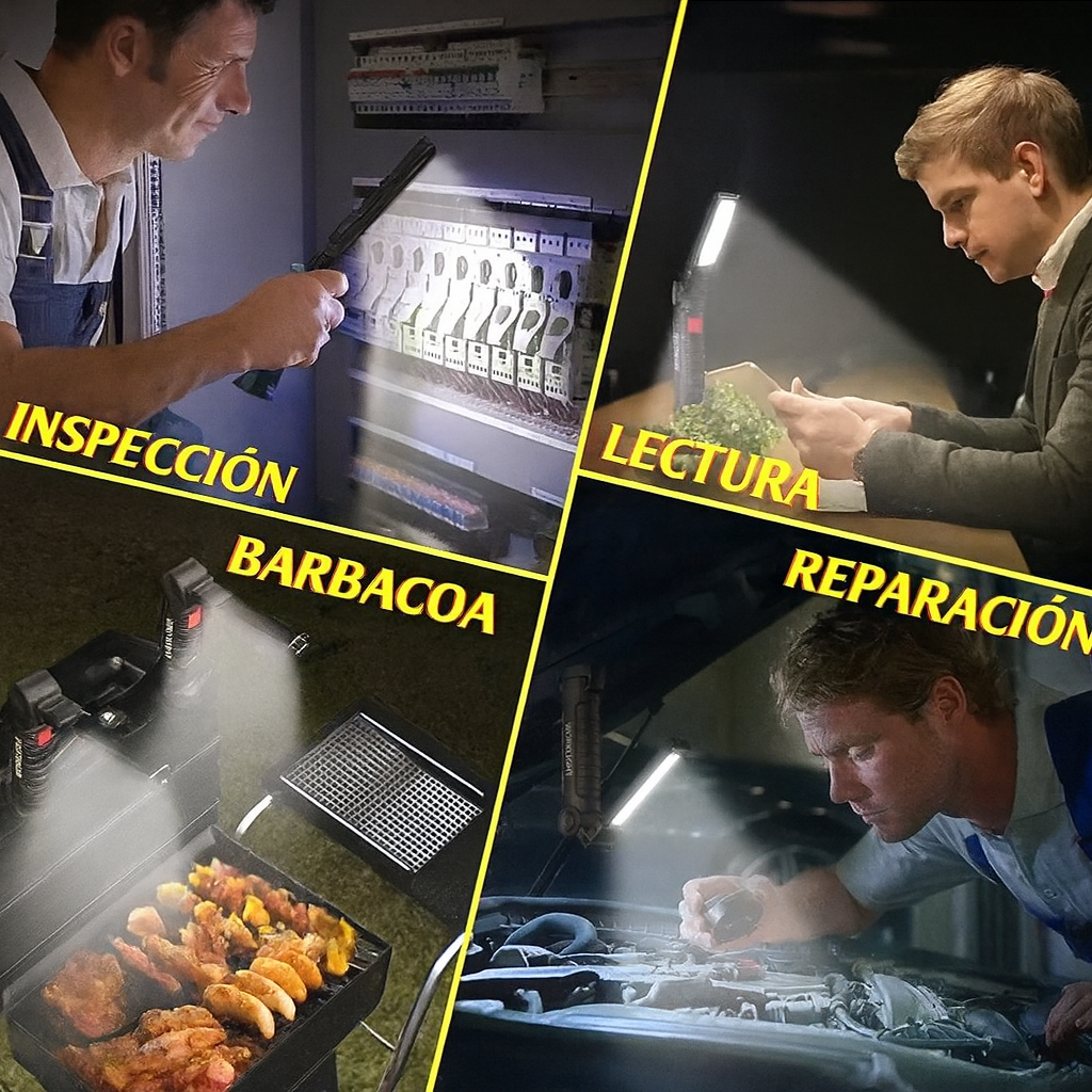 Linterna con 5 Modos de Luz, Rotación 360°, Imán y Luz de Emergencia (incluye cable de carga USB)