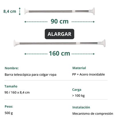 Barra telescópica ajustable y multifuncional sin perforación, que se extiende hasta 160 cm