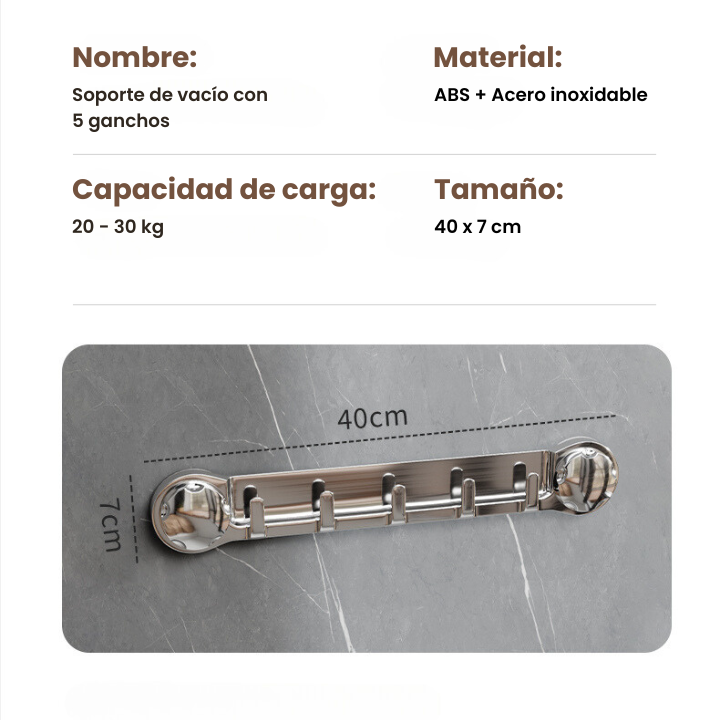 Soportes de acero inoxidable con 5 ganchos, cómodos y capaces de soportar hasta 20 kg