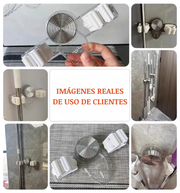 Soporte multifuncional de ventosa para fregona, sin taladro