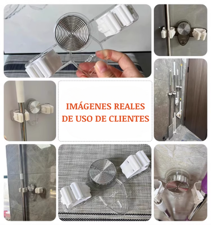 Soporte multifuncional de ventosa para fregona, sin taladro