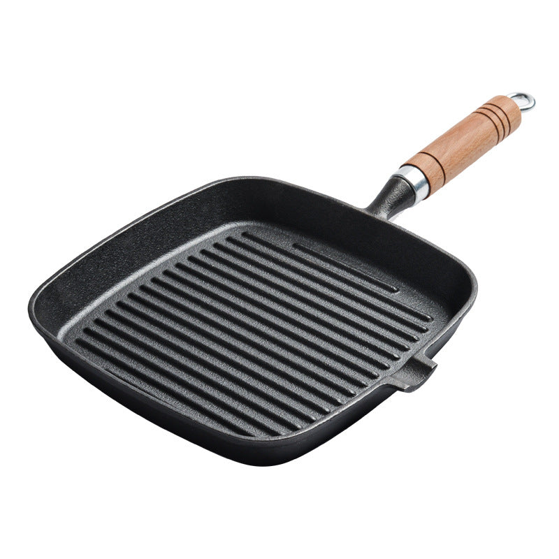 Sartén Grill de Hierro Fundido con Mango de Madera — Antiadherente Natural, Apta para Inducción y Gas