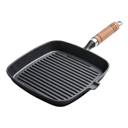 Sartén Grill de Hierro Fundido con Mango de Madera — Antiadherente Natural, Apta para Inducción y Gas