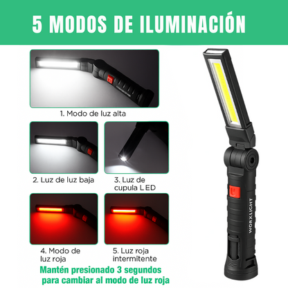 Linterna con 5 Modos de Luz, Rotación 360°, Imán y Luz de Emergencia (incluye cable de carga USB)