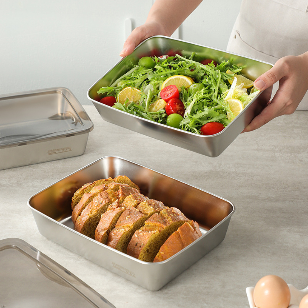 Juego de 3 cajas de acero inoxidable para alimentos (25 x 20 x 6 cm)