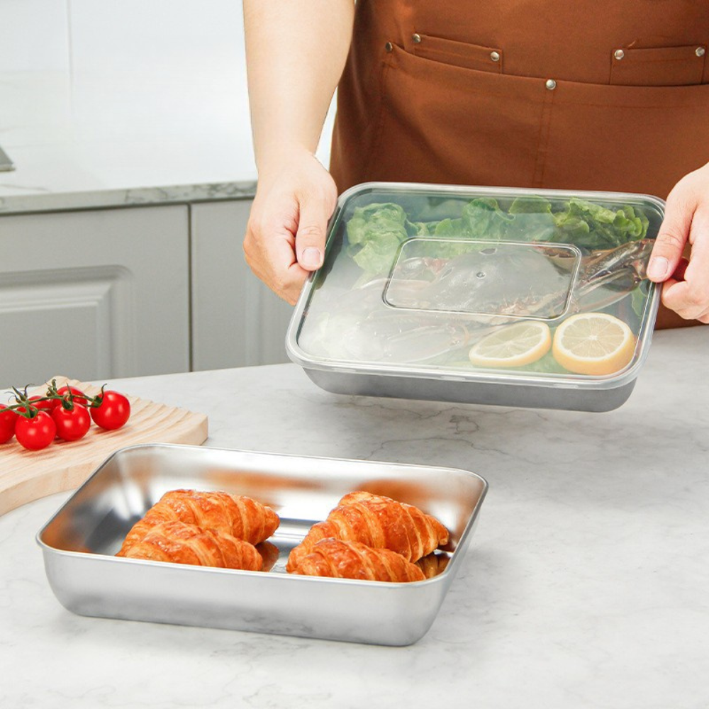 Juego de 3 cajas de acero inoxidable para alimentos (25 x 20 x 6 cm)
