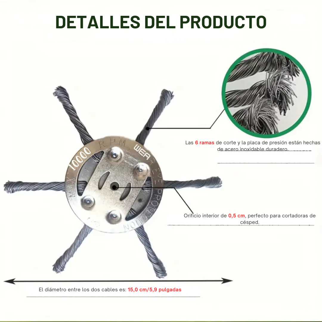 El cabezal del cortacésped tiene 6 ramas tejidas con alambre de acero resistente