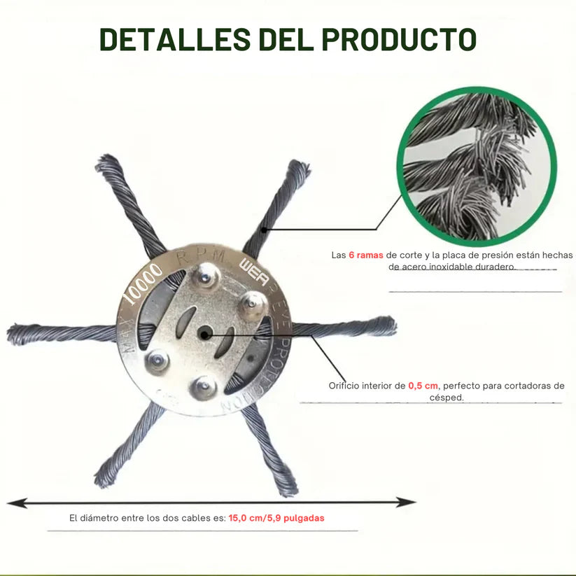 El cabezal del cortacésped tiene 6 ramas tejidas con alambre de acero resistente