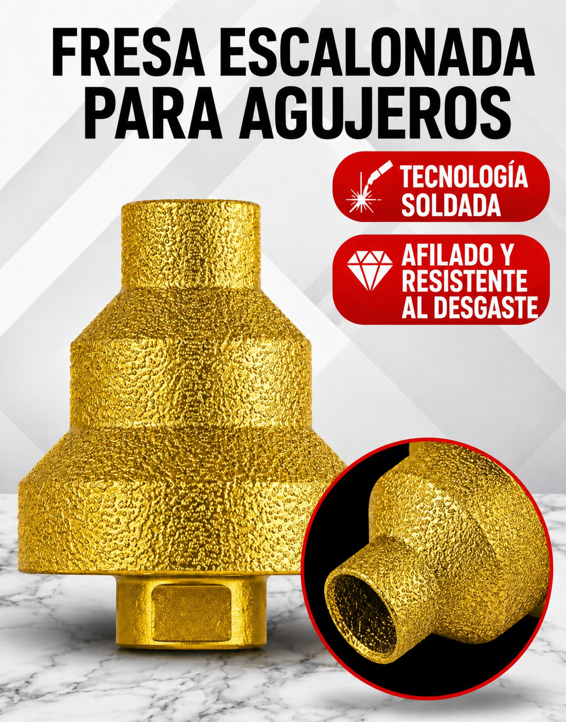Broca Diamantada para Ampliar y Biselar Agujeros de 3 Niveles 20-35-50 mm (Accesorios Incluidos)
