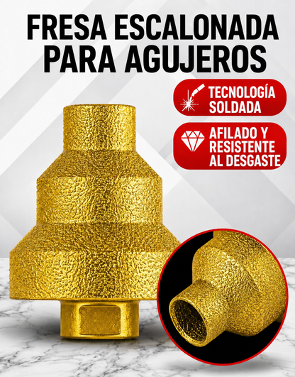Broca Diamantada para Ampliar y Biselar Agujeros de 3 Niveles 20-35-50 mm (Accesorios Incluidos)
