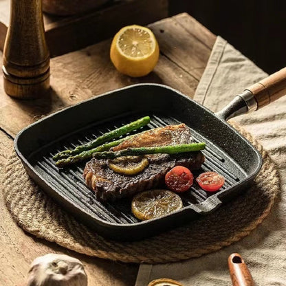 Sartén Grill de Hierro Fundido con Mango de Madera — Antiadherente Natural, Apta para Inducción y Gas