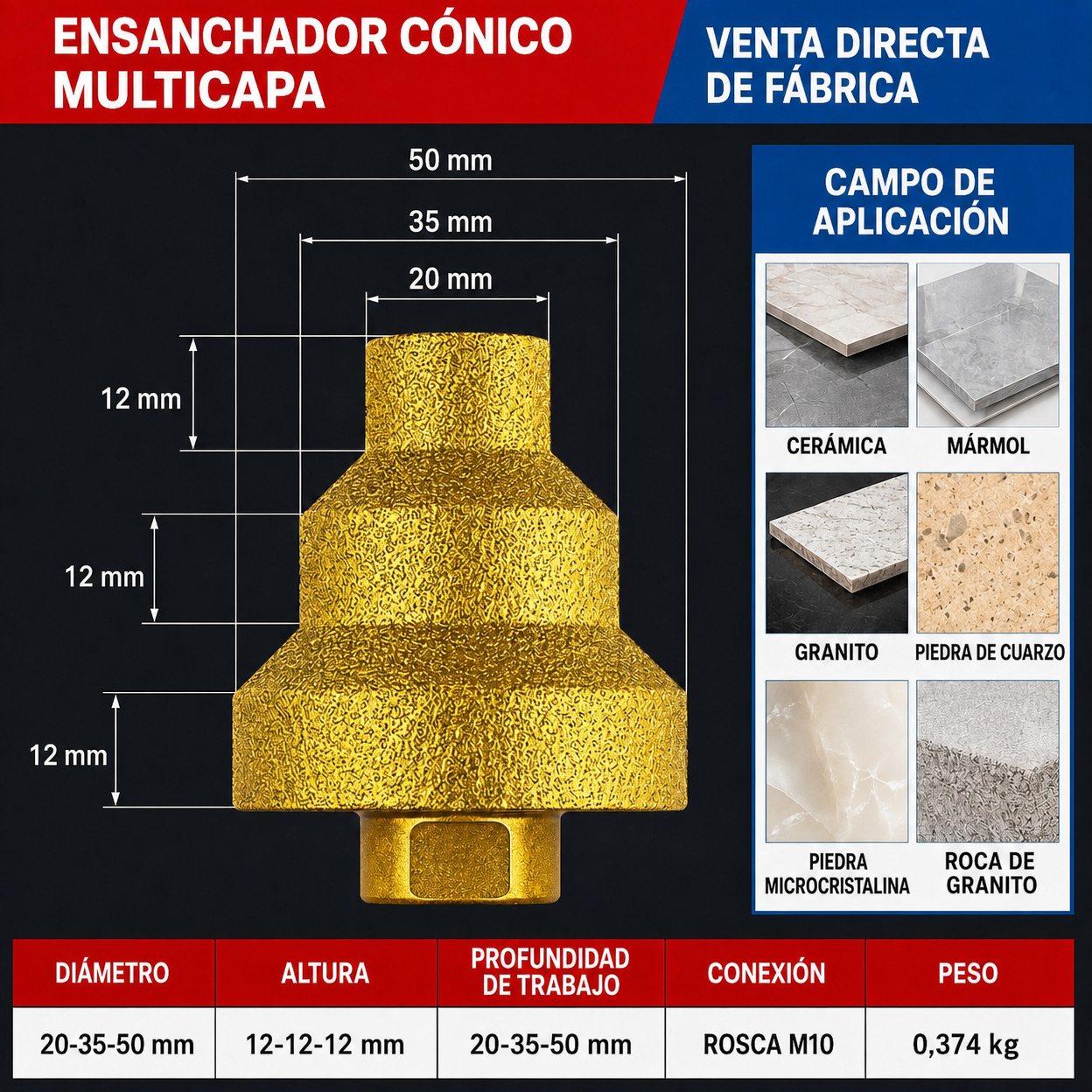 Broca Diamantada para Ampliar y Biselar Agujeros de 3 Niveles 20-35-50 mm (Accesorios Incluidos)