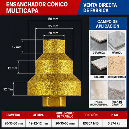 Broca Diamantada para Ampliar y Biselar Agujeros de 3 Niveles 20-35-50 mm (Accesorios Incluidos)