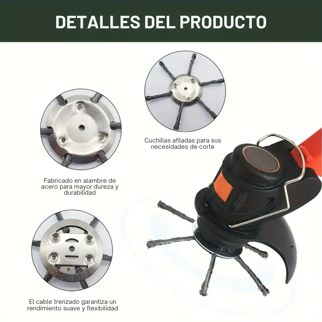 El cabezal del cortacésped tiene 6 bordes de acero inoxidable