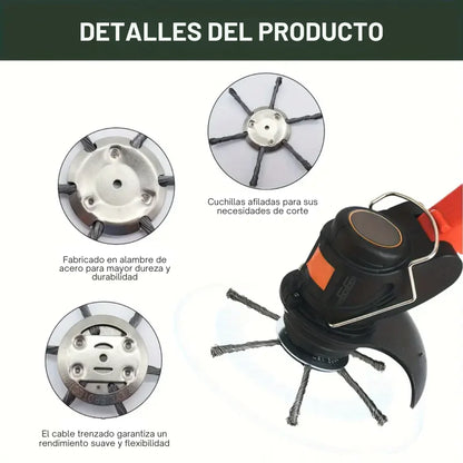 El cabezal del cortacésped tiene 6 bordes de acero inoxidable