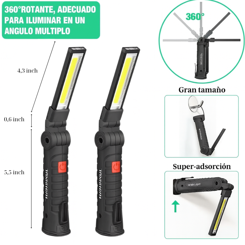 Linterna con 5 Modos de Luz, Rotación 360°, Imán y Luz de Emergencia (incluye cable de carga USB)