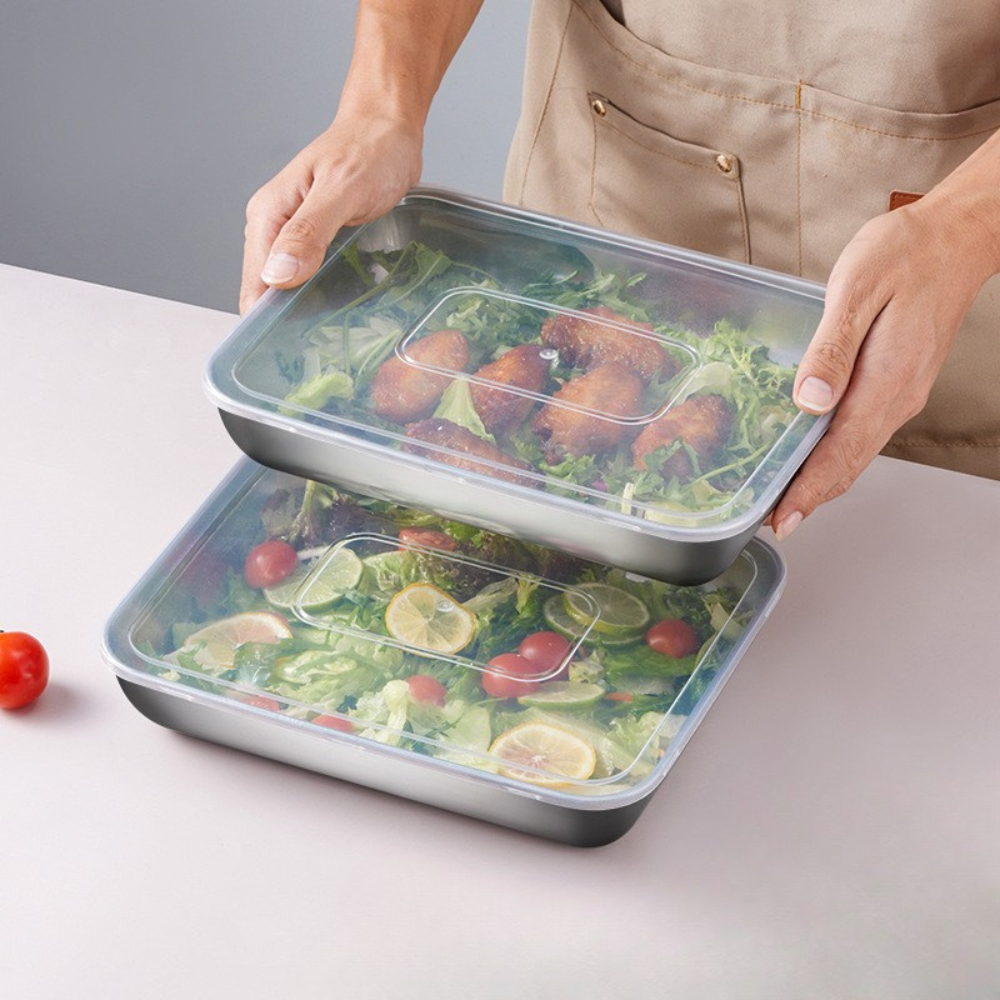 Juego de 3 cajas de acero inoxidable para alimentos (25 x 20 x 6 cm)