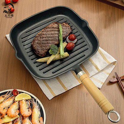 Sartén Grill de Hierro Fundido con Mango de Madera — Antiadherente Natural, Apta para Inducción y Gas