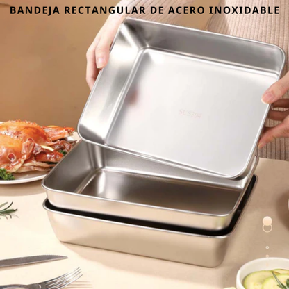 Juego de 3 cajas de acero inoxidable para alimentos (25 x 20 x 6 cm)(T)