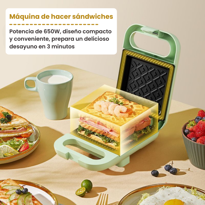 Máquina de hacer sándwiches compacta y antiadherente con una potencia de 650W