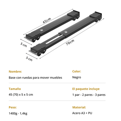 Base de soporte móvil con 24 ruedas, carga > 300 kg, extensible, facilita el movimiento de muebles