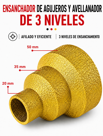 Broca Diamantada para Ampliar y Biselar Agujeros de 3 Niveles 20-35-50 mm (Accesorios Incluidos)