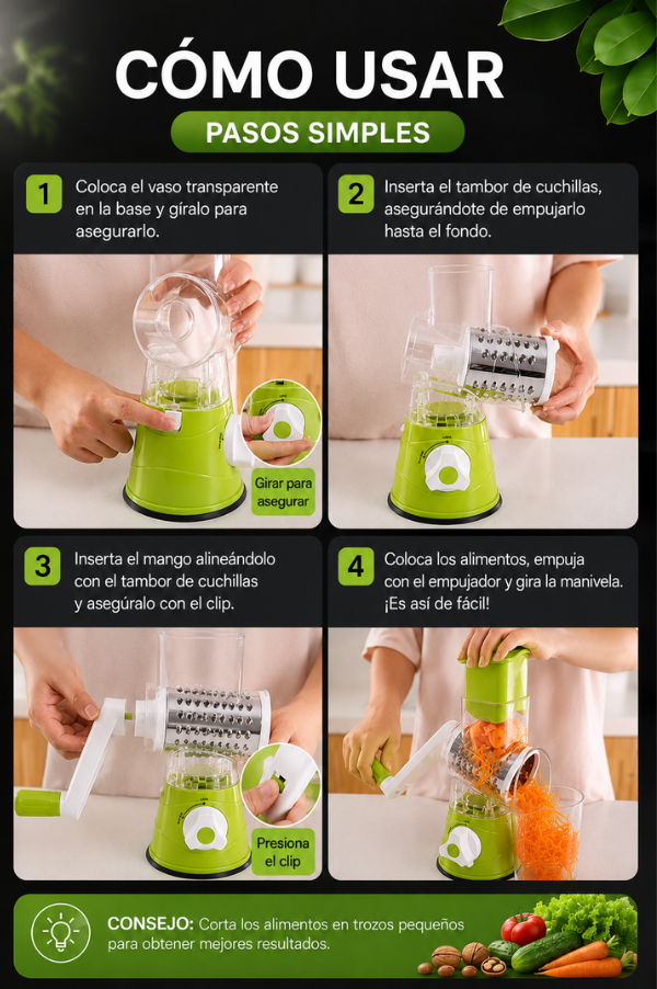 70% DE DESCUENTO | Cortador de Verduras Multifuncional 3 en 1 – Ralla, Rebana y Corta en Cubos Rápidamente para el Hogar