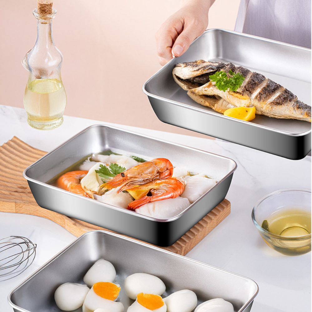 Juego de 3 cajas de acero inoxidable para alimentos (25 x 20 x 6 cm)
