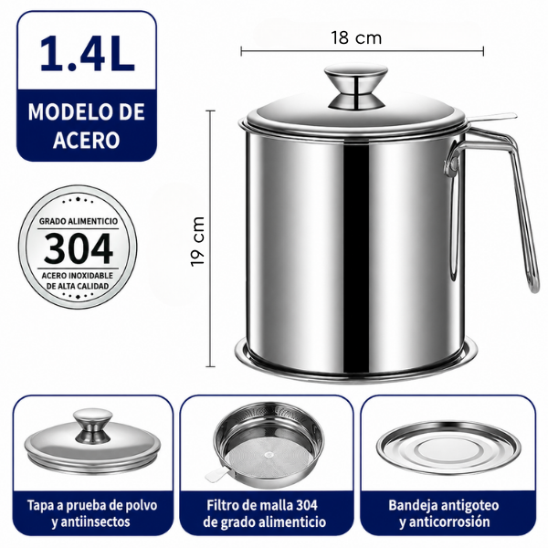 70% DE DESCUENTO | Jarra Filtradora de Aceite de Acero Inoxidable SUS304 (1400 ML)