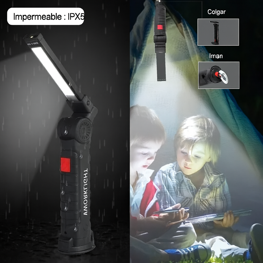 Linterna con 5 Modos de Luz, Rotación 360°, Imán y Luz de Emergencia (incluye cable de carga USB)