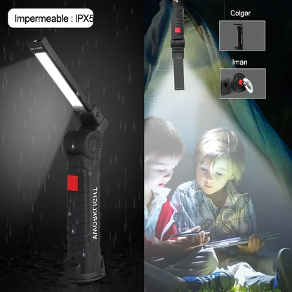 Linterna con 5 Modos de Luz, Rotación 360°, Imán y Luz de Emergencia (incluye cable de carga USB)