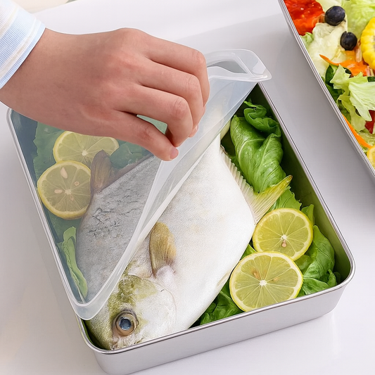 Bandeja de Acero Inoxidable 304 con Tapa Hermética (2.1 L – 25.2 × 19.4 × 5.7 cm)