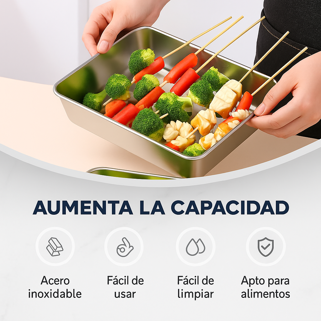 Bandeja de Acero Inoxidable 304 con Tapa – Mantiene la Comida Fresca 1 Mes, Resiste 1000 °C y Ahorra Espacio