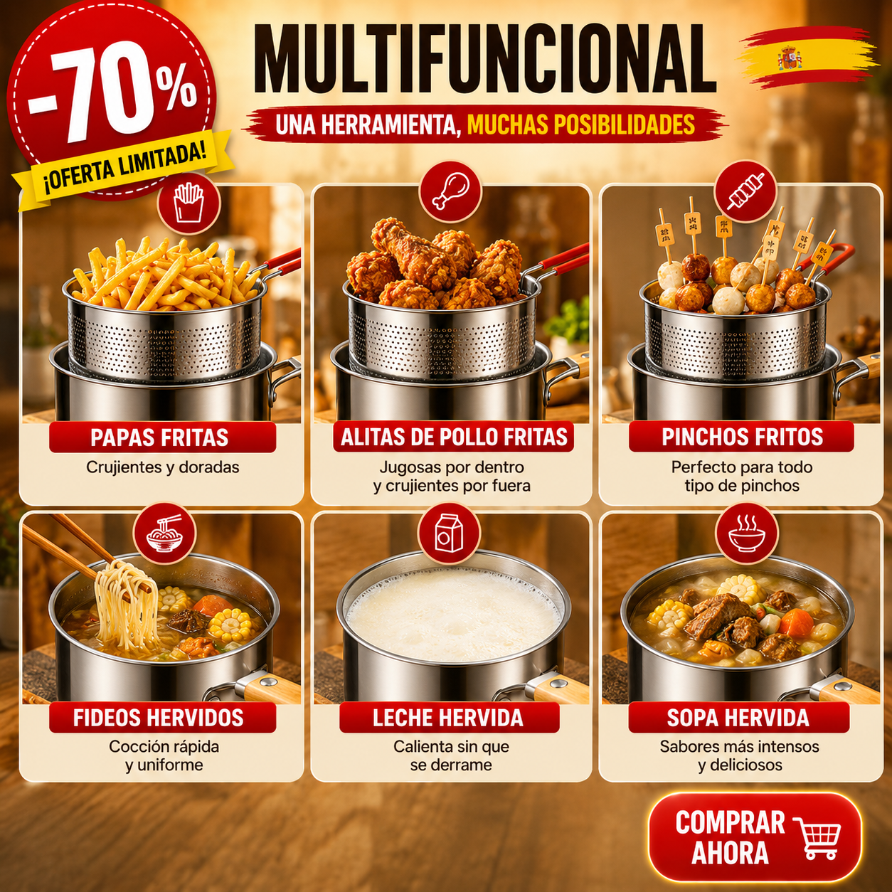70% DE DESCUENTO | Sartén Multifuncional De Acero Inoxidable 304, Sartén Con Filtro Para Ahorrar Aceite