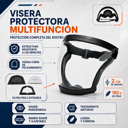 La visera protege el rostro del polvo fino y la niebla.