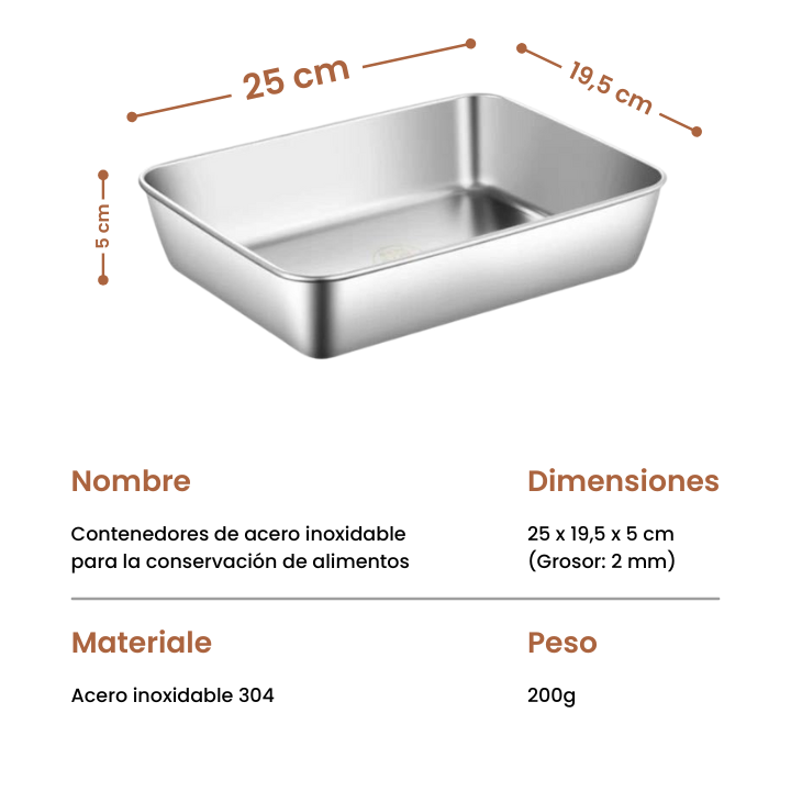 Cajas para alimentos de acero inoxidable 304 (25 x 19,5 x 5 cm) (TT)