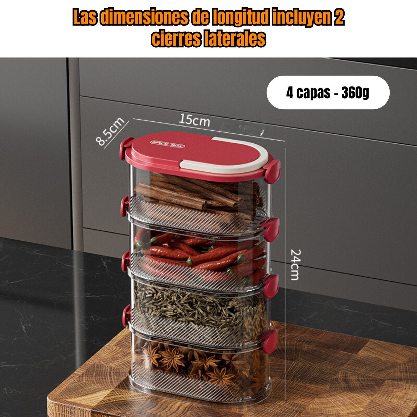 Caja de condimentos de varias capas con tapa hermética, apilable (L)
