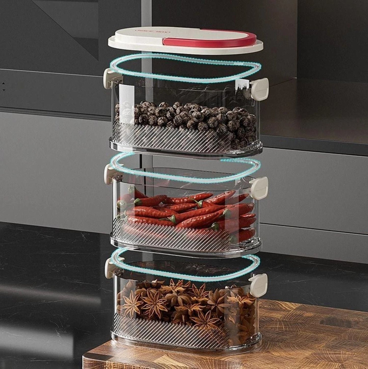Caja de condimentos de varias capas con tapa hermética, apilable (L)