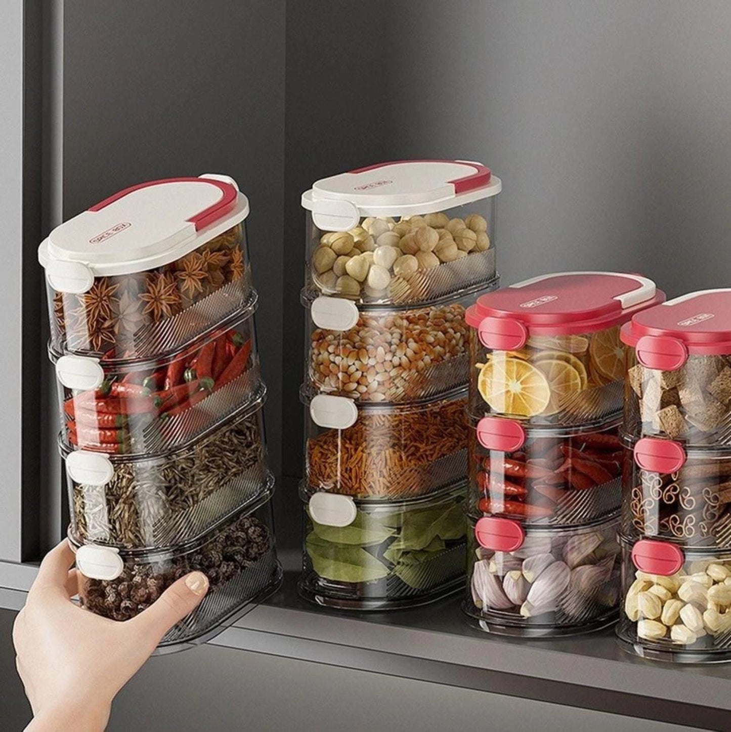 Caja de condimentos de varias capas con tapa hermética, apilable (L)